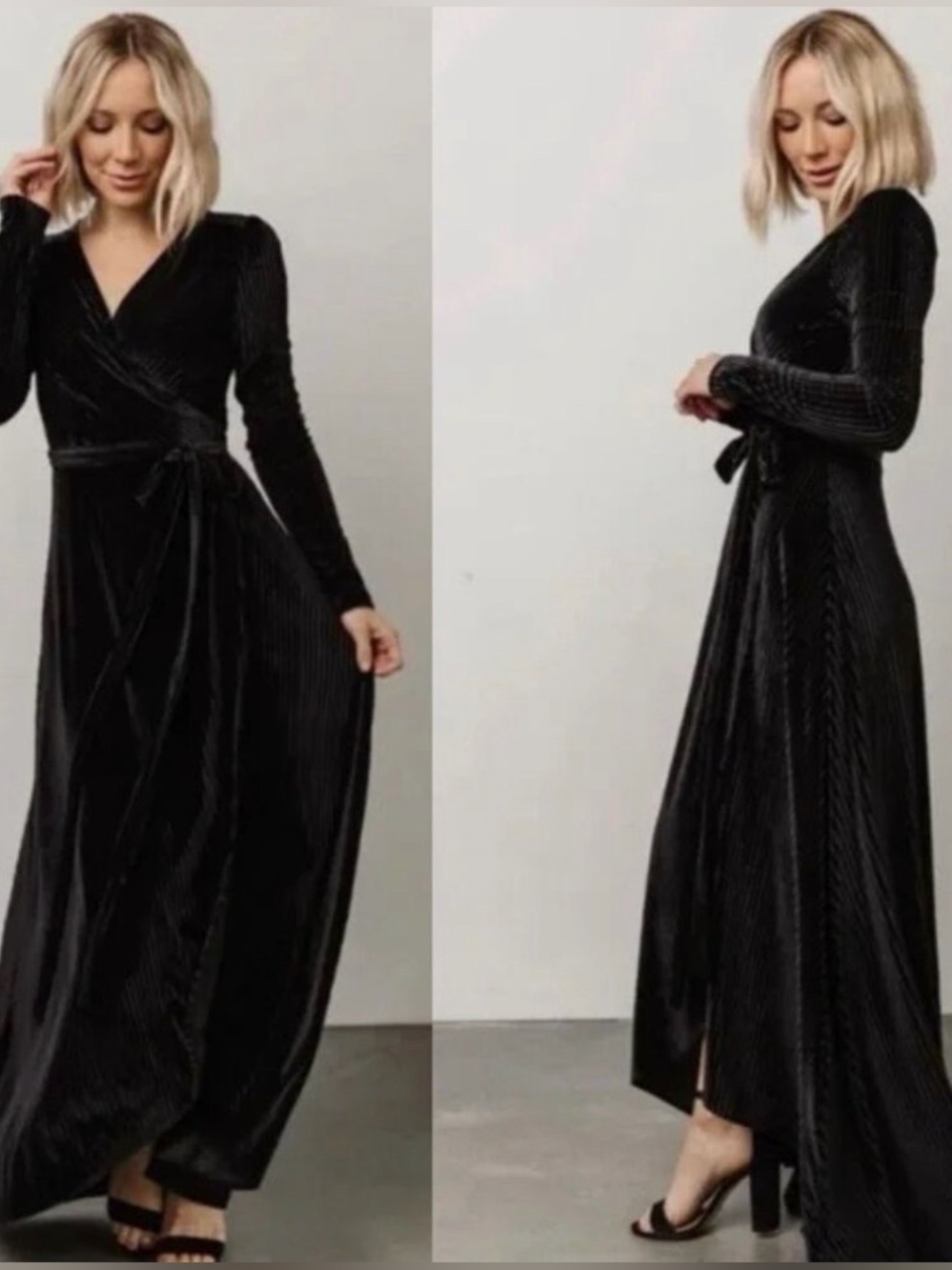 Baltic Born Jada Ribbed Velvet Long Sleeve Wrap Maxi Dress Black Size Large